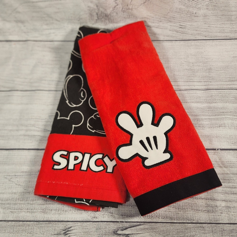 Disney Parks Mickey Mouse Spicy Kitchen Hand Towel Set Red Black 100% Cotton 2pc
